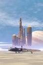 Space fighter and city in a desert planet Royalty Free Stock Photo