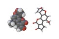 Space-filling and ball-and-stick molecular models of aflatoxin B1. Atoms are shown as spheres