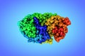 Space-filling molecular model of human salivary amylase. Rendering based on protein data bank. Rainbow coloring from N