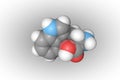 Space-filling molecular model of tryptophan. Atoms are represented as spheres with conventional color coding: carbon