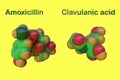 Space-filling molecular models of amoxicillin and clavulanic acid. This combination is useful for treatment of a number