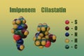 Space-filling molecular models of imipenem with cilastatin. It is used to treat bacterial infections. 3d illustration