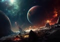 The Space Final Frontier: A Closeup of the Person Sitting on the Rock in Front of the Planet with the Spaceships Flying Above in