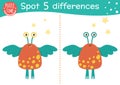 Space find differences game for children. Astronomy educational activity with funny alien with wings. Printable worksheet with Royalty Free Stock Photo