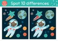 Space find differences game for children. Astronomy educational activity with funny astronaut dog, earth, stars, planets. Royalty Free Stock Photo
