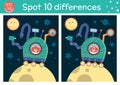 Space find differences game for children. Astronomy educational activity with funny astronaut exploring moon in rover. Printable