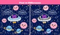 Space find ten differences game with cute planets,alien astronaut and flying spaceship in cartoon style for kids Royalty Free Stock Photo
