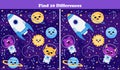 Space find ten differences game with cute planets,alien astronauts and flying rocket in cartoon style for kids Royalty Free Stock Photo