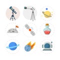 space flat icon set with telescope, satellite, planet