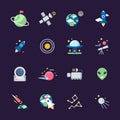 Space flat icons. Telescope satellite spaceship earth sun and planets views from observatory vector illustrations