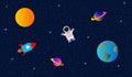 Space flat vector background with rocket, spaceship, moon, Jupiter, satellite, astronaut, planets and stars.