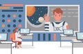 Space flight control center vector flat illustration. Scientist woman talking on satellite link with an astronaut.