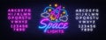 Space Flights Neon Text Vector. Space neon sign, design template, modern trend design, night signboard, night bright