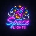 Space Flights Neon Text Vector. Space neon sign, design template, modern trend design, night signboard, night bright