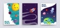 Space flyers vector. Cartoon planets, universe, galaxy banners template. Cute sun, astronaut, earth, solar system Royalty Free Stock Photo