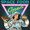 Space food. Woman astronaut eats. Cola, hot dog and Burger. Royalty Free Stock Photo