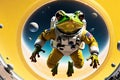 space frog in astronaut suit hovering, panoramic shot, vibrant yellow backdrop, ample negative space