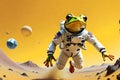 space frog in astronaut suit hovering, panoramic shot, vibrant yellow backdrop, ample negative space