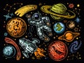 Space futuristic creative design. Planets and spaceship, rocket, stars, astronaut. Astronomy colorful illustration