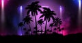 Space futuristic landscape. Neon palm tree, tropical leaves.