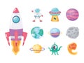 Space galaxy astronomy cartoon icons set spaceship astronaut comet ufo planet and alien Royalty Free Stock Photo