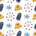 Space Galaxy childish seamless pattern with ufo, stars, comets, cosmic elements Royalty Free Stock Photo