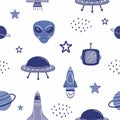 Space Galaxy constellation seamless pattern. Rocket, planets, alien, ufo, sun, moon, comet and stars on white background. Print Royalty Free Stock Photo