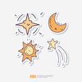 space galaxy star, half moon, Sun explosion, shooting star Doodle Sticker Icon Set. Space Adventure and Cosmos Vector illustration