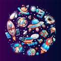 Space game elements. Outer space objects symbols and design elements spaceships planets meteorites Royalty Free Stock Photo