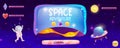 Space game ui main screen with buttons, start and download. Screen with planet, indicators of heart, crystals and coins