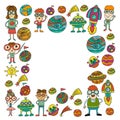 Space geek vector pattern. Kids, children students study astronomy and explore the cosmos. Nerd and spaceships, rocket