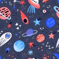 Space hand drawn color vector seamless pattern