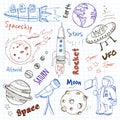 Space hand drawn doodles. Stars, planet and space transportation