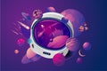 Space helmet on isolated background with planet. Astronaut spacesuit with space on reflection. Pilot mask vector clip