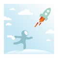 Funny vector space illustration. Cosmonaut late for a spaceship