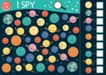 Space I spy game for kids. Searching and counting Astronomy activity for preschool children with planets, stars. Funny printable