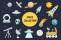 Space icon set flat style.Astronomical Cosmos collection with telescope, moon rover, saturn, rocket, astronaut Royalty Free Stock Photo