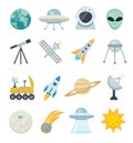 Space icon set flat style.Astronomical Cosmos collection with telescope, moon rover, saturn, rocket, astronaut