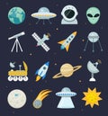 Space icon set flat style.Astronomical Cosmos collection with telescope, moon rover, saturn, rocket, astronaut Royalty Free Stock Photo