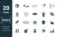 Space icon set. Include creative elements earth planet, stars, spaceship, spacemen, telescope icons. Can be used for report,