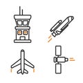 Space icons in linear style. Simple cosmic line signs. Airplane, spaceship, sputnik and tower symbols