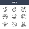 9 space icons pack. trendy space icons on white background. thin outline line icons such as astronaut, orbit, landing . space icon