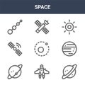 9 space icons pack. trendy space icons on white background. thin outline line icons such as saturn, planet, satellite . space icon