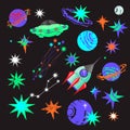 Space icons set with alien spaceship and rocket, planets, flat vector isolated. Royalty Free Stock Photo