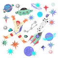 Space icons set with funny child astronaut in spacesuit with rocket and UFO and spaceship. Royalty Free Stock Photo