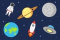 Space illustration with astronaut, planet, rocket, moon and ufo. Cosmic background in flat style. Royalty Free Stock Photo