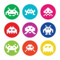 Space invaders, 8bit aliens round icons set Royalty Free Stock Photo