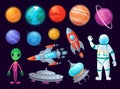 Space items. Alien ufo, universe planet and missile rockets. Planets game design cartoon graphics vector item set