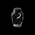 Space jar dotwork tattoo with dots shading, depth illusion, tippling tattoo. Hand drawing white emblem on black Royalty Free Stock Photo