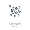 Space junk icon. Thin linear space junk outline icon isolated on white background from astronomy collection. Line vector sign,